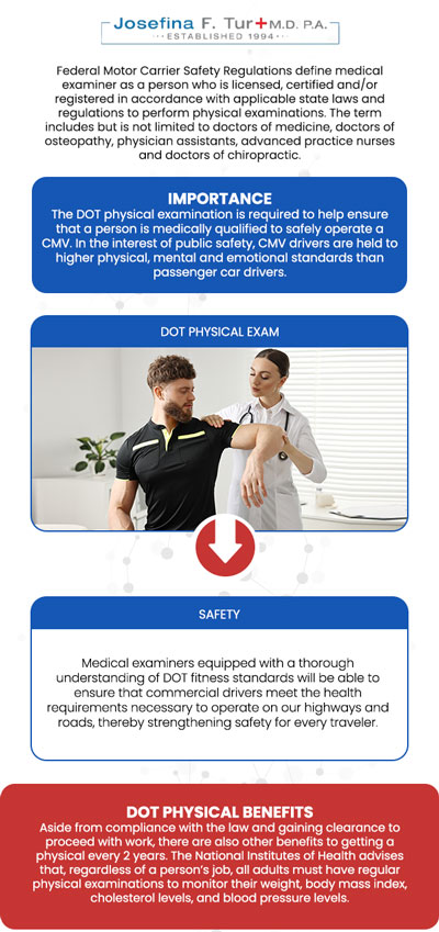 To legally operate a commercial vehicle, drivers must pass a DOT physical exam to ensure they are medically fit for the job. At Josefina F. Tur M.D. P.A., certified medical examiners conduct these essential exams with efficiency and professionalism. Her practice focuses on a thorough yet streamlined process that covers all Federal Motor Carrier Safety Administration (FMCSA) requirements, including vision, hearing, and blood pressure checks. For more information, contact us or book an appointment online. We are located at 4100 NW 9th St, Suite #100, Miami, FL 33126. To legally operate a commercial vehicle, drivers must pass a DOT physical exam to ensure they are medically fit for the job. At Josefina F. Tur M.D. P.A., certified medical examiners conduct these essential exams with efficiency and professionalism. Her practice focuses on a thorough yet streamlined process that covers all Federal Motor Carrier Safety Administration (FMCSA) requirements, including vision, hearing, and blood pressure checks. For more information, contact us or book an appointment online. We are located at 4100 NW 9th St, Suite #100, Miami, FL 33126.