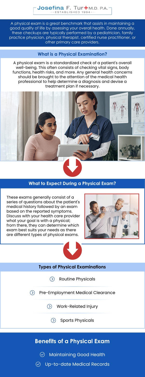 Regular annual physical exams are crucial for maintaining good health and catching potential issues early. Dr. Josefina F. Tur, M.D., P.A., specializes in providing thorough and personalized physicals that go beyond the basics. Her comprehensive approach includes a detailed review of your medical history, a full physical examination, and age-appropriate screenings for conditions such as high blood pressure, diabetes, and cholesterol. For more information, contact us or book an appointment online. We are located at 4100 NW 9th St, Suite #100, Miami, FL 33126. Regular annual physical exams are crucial for maintaining good health and catching potential issues early. Dr. Josefina F. Tur, M.D., P.A., specializes in providing thorough and personalized physicals that go beyond the basics. Her comprehensive approach includes a detailed review of your medical history, a full physical examination, and age-appropriate screenings for conditions such as high blood pressure, diabetes, and cholesterol. For more information, contact us or book an appointment online. We are located at 4100 NW 9th St, Suite #100, Miami, FL 33126.