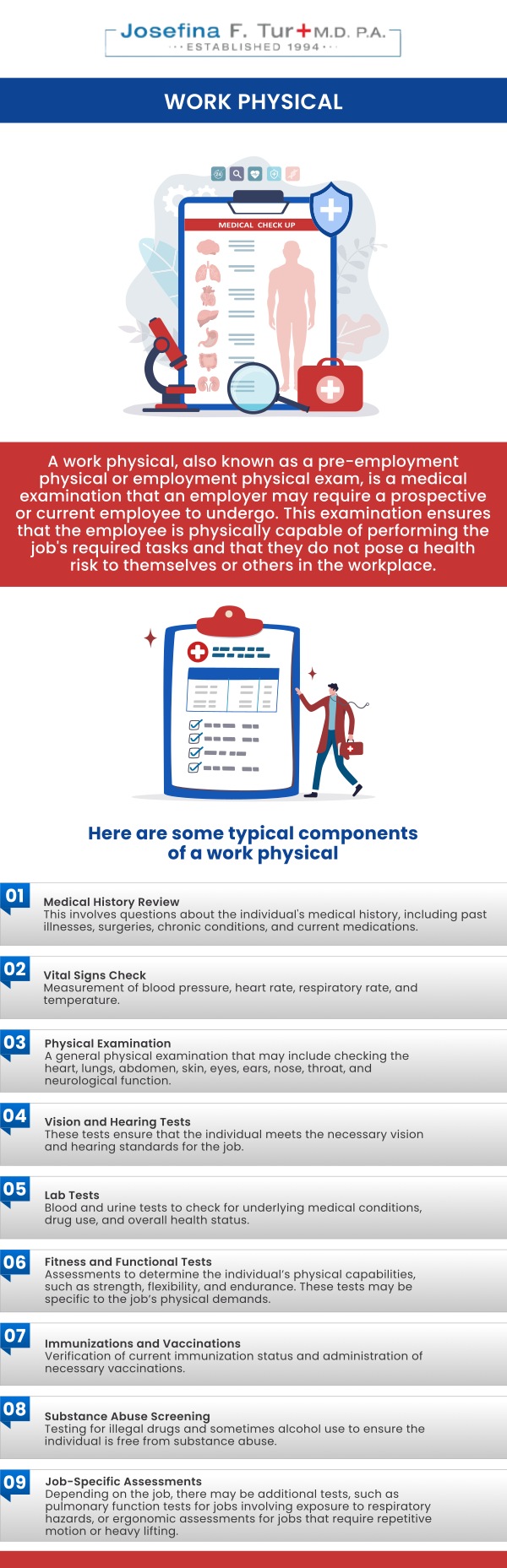 Work physicals are an important part of ensuring that an employee is medically prepared for their job. At Josefina F. Tur M.D. P.A., we provide comprehensive work physicals that align with employer requirements. Her office conducts examinations that include a review of your medical history, a physical check-up, and any necessary screenings. For more information, contact us or book an appointment online. We are located at 4100 NW 9th St, Suite #100, Miami, FL 33126. Work physicals are an important part of ensuring that an employee is medically prepared for their job. At Josefina F. Tur M.D. P.A., we provide comprehensive work physicals that align with employer requirements. Her office conducts examinations that include a review of your medical history, a physical check-up, and any necessary screenings. For more information, contact us or book an appointment online. We are located at 4100 NW 9th St, Suite #100, Miami, FL 33126.