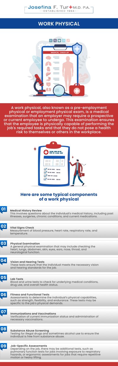 Work physicals are an important part of ensuring that an employee is medically prepared for their job. At Josefina F. Tur M.D. P.A., we provide comprehensive work physicals that align with employer requirements. Her office conducts examinations that include a review of your medical history, a physical check-up, and any necessary screenings. For more information, contact us or book an appointment online. We are located at 4100 NW 9th St, Suite #100, Miami, FL 33126. Work physicals are an important part of ensuring that an employee is medically prepared for their job. At Josefina F. Tur M.D. P.A., we provide comprehensive work physicals that align with employer requirements. Her office conducts examinations that include a review of your medical history, a physical check-up, and any necessary screenings. For more information, contact us or book an appointment online. We are located at 4100 NW 9th St, Suite #100, Miami, FL 33126.