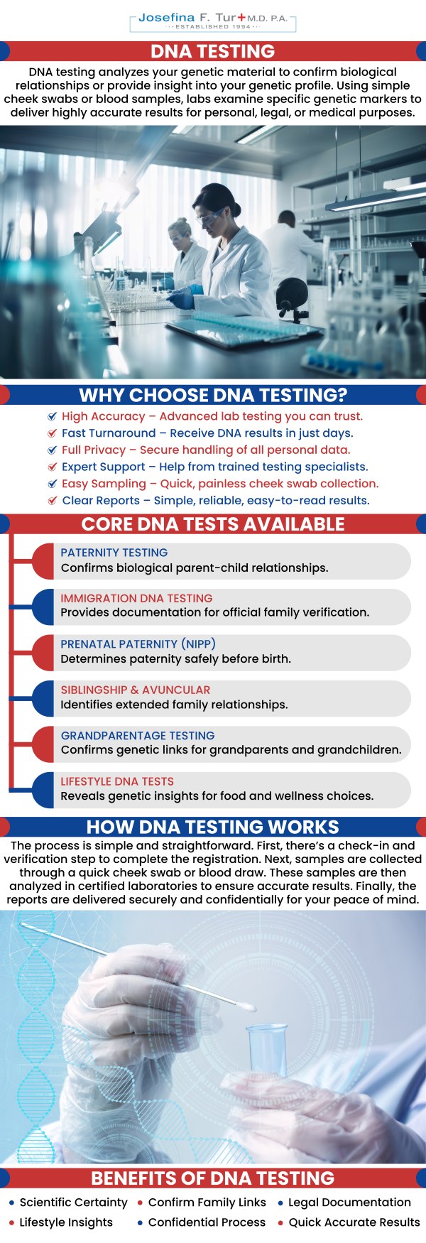 DNA testing is a powerful tool for establishing biological relationships and gaining critical insights into one’s genetic makeup. Under the professional guidance of Josefina F. Tur M.D. P.A., her practice offers comprehensive DNA testing services with a focus on accuracy, confidentiality, and legal integrity. For more information, contact us or book an appointment online. We are located at 4100 NW 9th St, Suite #100, Miami, FL 33126.
