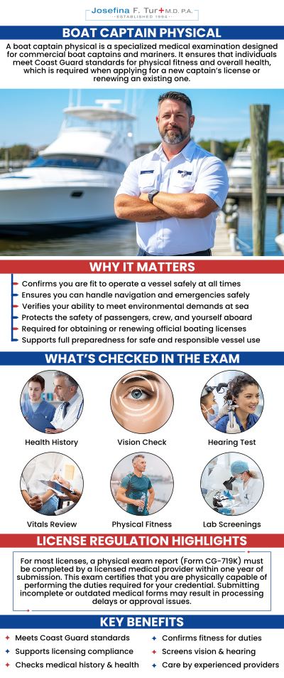 For maritime professionals, a boat captain’s physical is a crucial requirement for obtaining or renewing a license. At the practice of Josefina F. Tur M.D. P.A., we provide comprehensive physical exams that are specifically tailored to meet all U.S. Coast Guard (USCG) and other regulatory standards. Our thorough process includes a complete physical examination, vision and hearing screenings, and a review of your medical history to ensure you are fit to perform your duties safely. For more information, contact us or book an appointment online. We are located at 4100 NW 9th St, Suite #100, Miami, FL 33126.