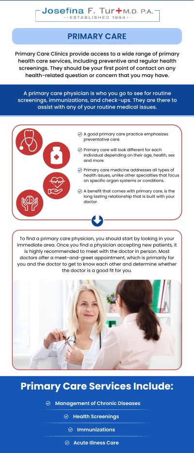 At Josefina Tur, M.D., P.A. in Miami, FL, we provide bilingual primary care and annual physical examinations focused on preventive health and early detection of medical conditions. Our team offers comprehensive evaluations tailored to each patient’s needs, ensuring accessible and high-quality care in both English and Spanish for the Miami community. For more information, contact us or book an appointment online. We are located at 4100 NW 9th St, Suite #100, Miami, FL 33126. At Josefina Tur, M.D., P.A. in Miami, FL, we provide bilingual primary care and annual physical examinations focused on preventive health and early detection of medical conditions. Our team offers comprehensive evaluations tailored to each patient’s needs, ensuring accessible and high-quality care in both English and Spanish for the Miami community. For more information, contact us or book an appointment online. We are located at 4100 NW 9th St, Suite #100, Miami, FL 33126.